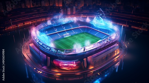 Futuristic Isometric Football Stadium Render with Holographic Players