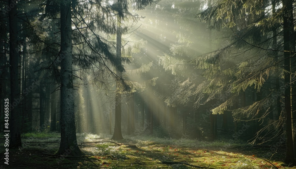 Fototapeta premium Spectacular sun rays shining through woods and tree in the dense forest. Green and lust forest on a beautiful summer day