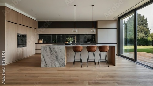 Kitchen interior in beautiful new luxury home with kitchen island and wooden floor