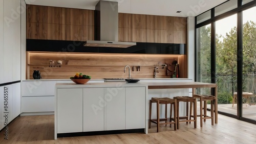 Kitchen interior in beautiful new luxury home with kitchen island and wooden floor