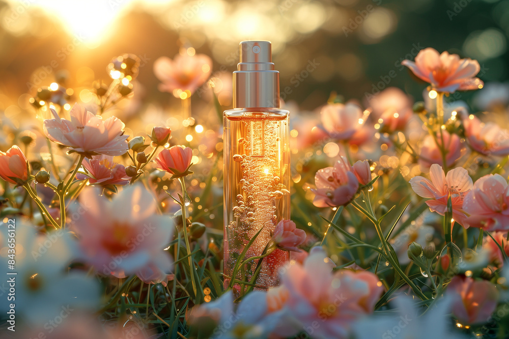 Luxury Facial Serum Bottle Surrounded by Blooming Flowers at Sunset Luxury Facial Serum Bottle Surrounded by Blooming Flowers at Sunset