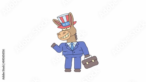 Donkey democrat waves hand and smiles. Alpha channel