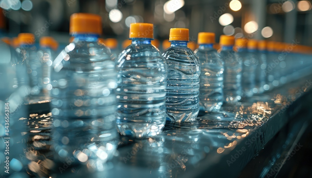 Rows of bottled water with orange caps on an automated production line in a factory, highlighting efficiency in manufacturing. Rows of bottled water with orange caps on an automated production line in a factory, highlighting efficiency in manufacturing.