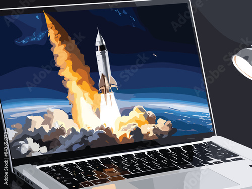 Boosting Performance Laptop Screen Launching Space Rocket Speed Up and Repair Concept