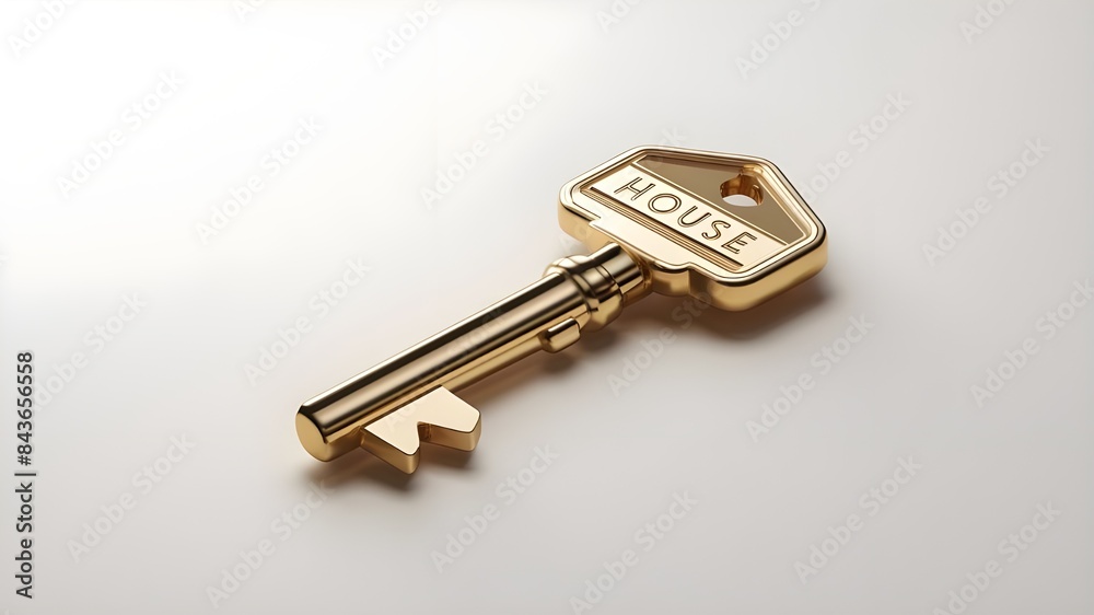 Shiny House Key in Golden Color on White background Shiny House Key in Golden Color on White background