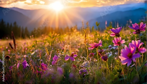 Field brimming with wildflowers dew kissed petals greeting the first golden rays of morning  AI Generated