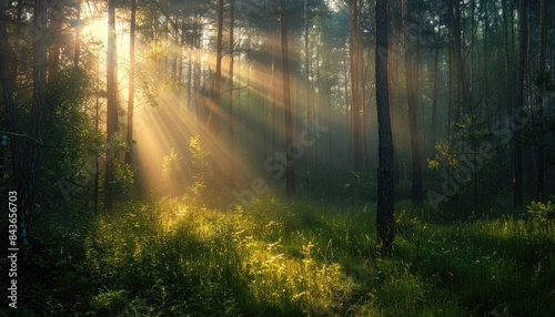 Spectacular sun rays shining through woods and tree in the dense forest. Green and lust forest on a beautiful summer day