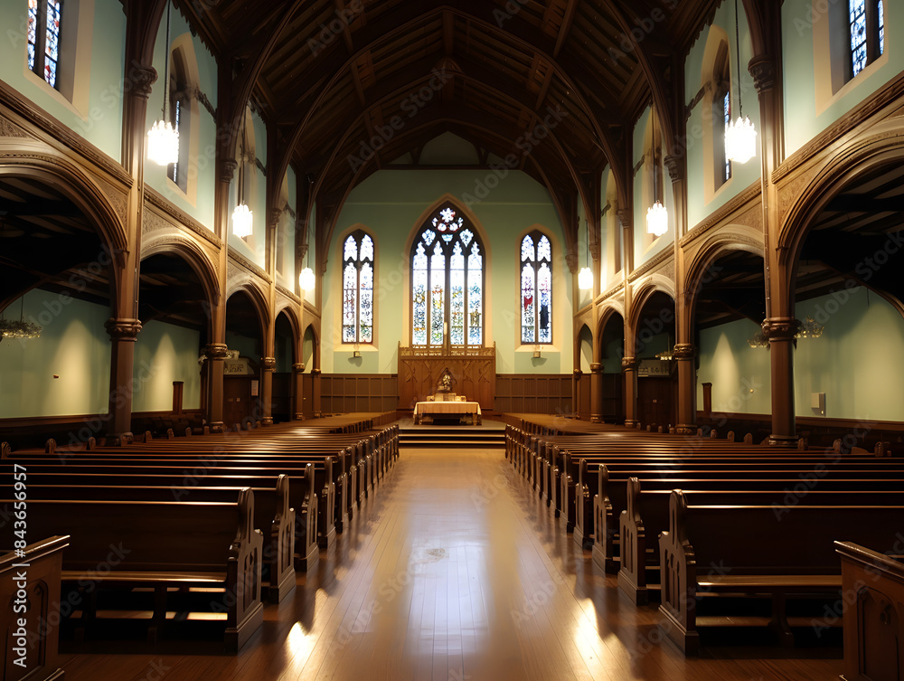 Fototapeta premium Grand Church Interior with High Ceilings and Wooden Architecture