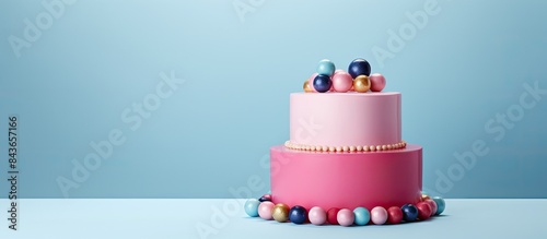 The two tier cake features a captivating color combination with a pink bottom tier complemented by a blue top tier The cake is adorned with diverse decorative balls creating an appealing visual contr
