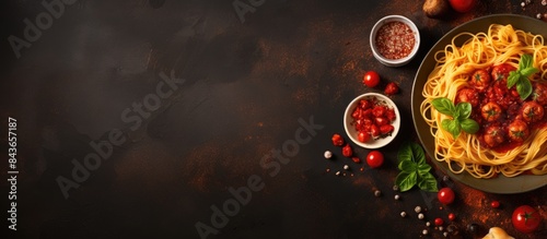 A top view of a delicious Italian menu concept featuring pasta dishes like spaghetti and bucatini The image has a copy space and is set against a food themed background photo