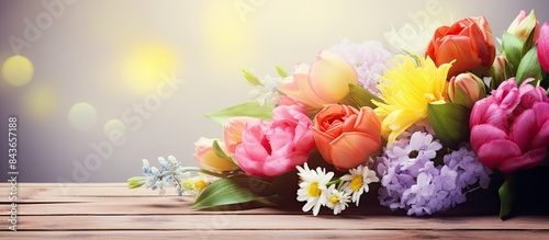 Wallpaper Mural Bouquet of beautiful spring flowers on wooden table closeup Space for text. copy space available Torontodigital.ca