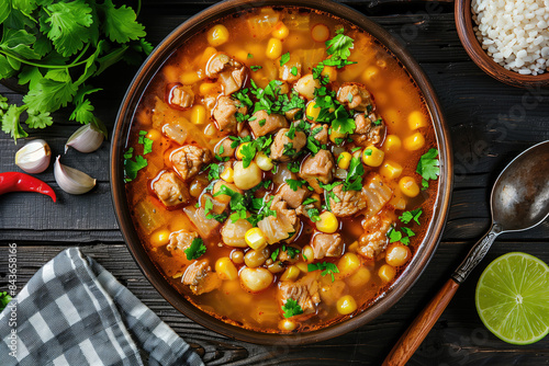 Pozole traditional Mexican thick soup with corn and meat photo