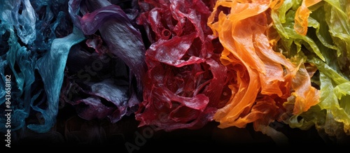 A colorful and vibrant dried hijiki seaweed with a unique texture and a rich umami flavor is showcased in this captivating copy space image photo
