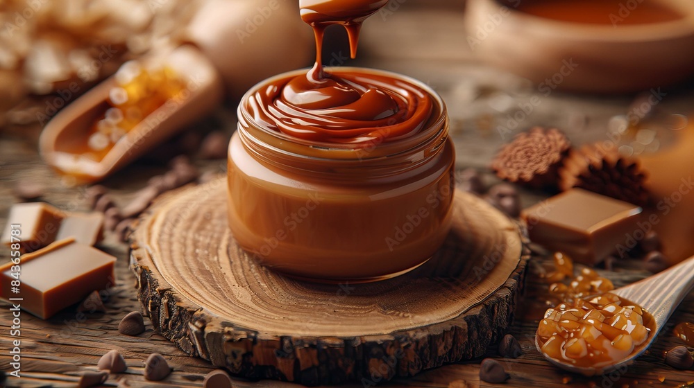 A jar of creamy caramel sauce with a wooden base, surrounded by caramel squares and chocolate chips. A jar of creamy caramel sauce with a wooden base, surrounded by caramel squares and chocolate chips.