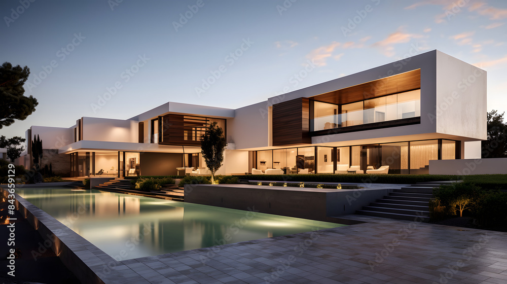 Modern Luxury House with Pool and Evening Lighting Modern Luxury House with Pool and Evening Lighting