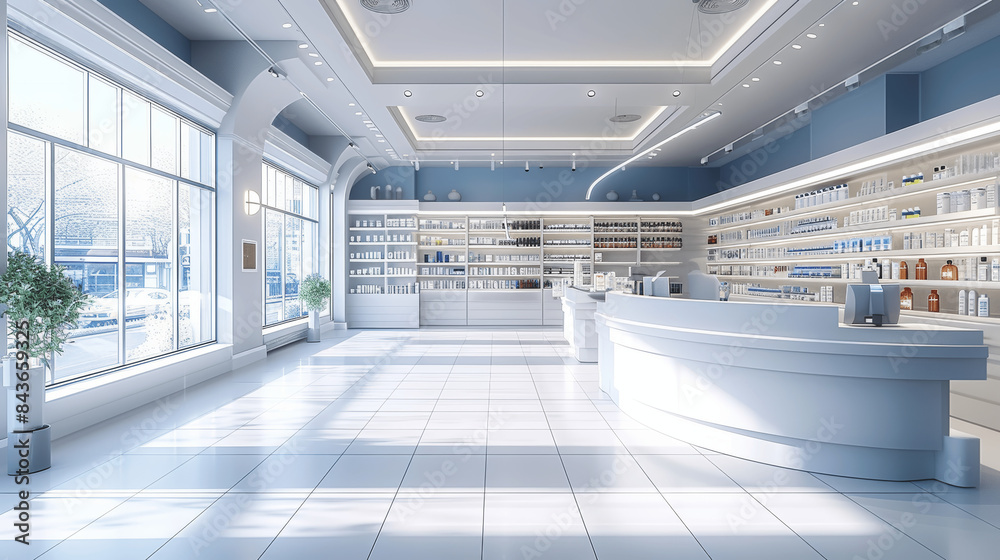 Obraz premium Modern Pharmacy Interior with Bright Lighting and Medicine Shelves