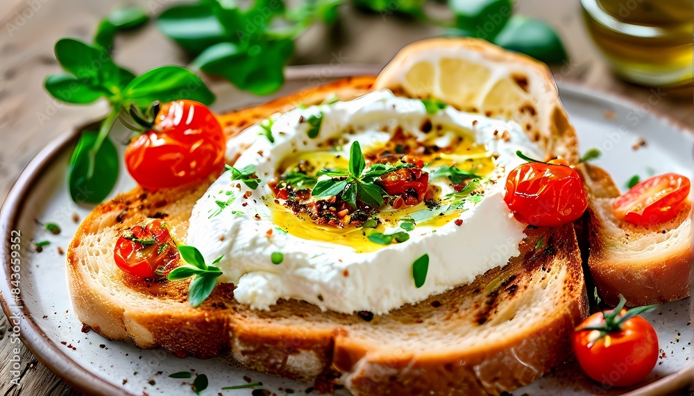 Top view of fresh labneh spread evenly on sourdough toast roasted spiced tomatoes, AI Generated Top view of fresh labneh spread evenly on sourdough toast roasted spiced tomatoes, AI Generated