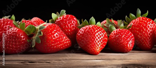 ripe strawberries on a old wooden table. copy space available