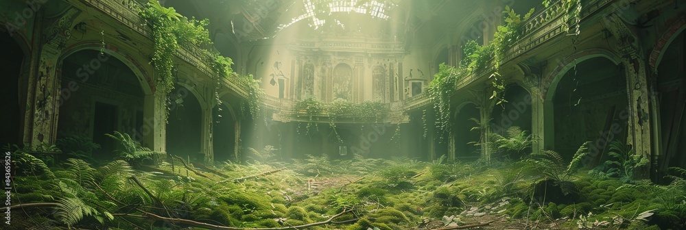 Abandoned city art theatre debris with green plants growing. Post apocalypse scene.
