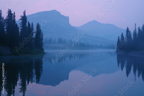 A tranquil dusk over a pristine mountain lake, the serene waters reflecting the rugged mountains and tall pines perfectly. © Saeed