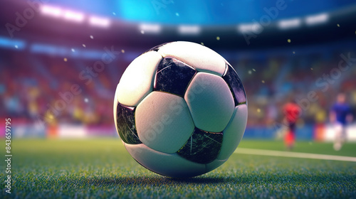 realistic soccer ball in action, realistic soccer stadium background