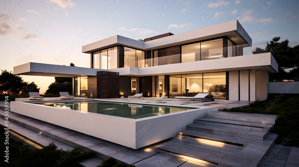 Modern Luxury House with Pool and Evening Lighting Modern Luxury House with Pool and Evening Lighting