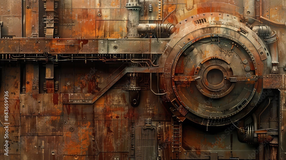 Steampunk-inspired urban landscape, industrial, earthy tones, digital painting, mechanical details