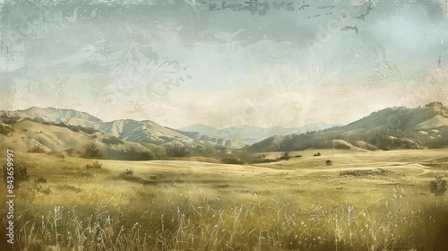 Vintage countryside with rolling hills, nostalgic, muted tones, digital illustration, soft textures