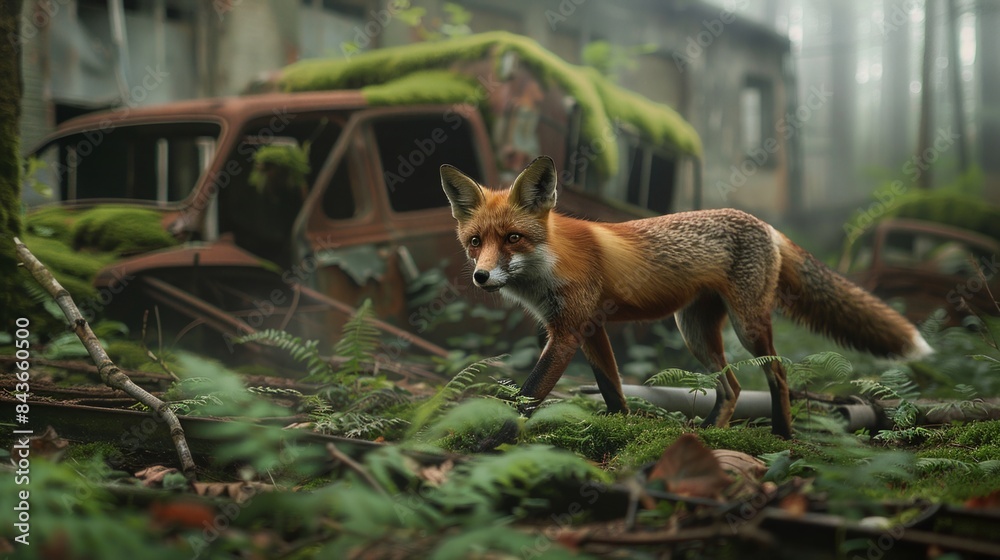 Red fox with abandoned city street debris with green plants growing. Post apocalypse scene. Red fox with abandoned city street debris with green plants growing. Post apocalypse scene.