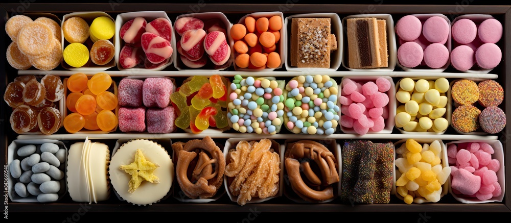 Sweets in a box on a white background top view. copy space available