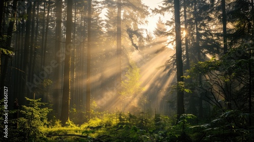 Spectacular sun rays shining through woods and tree in the dense forest. Green and lust forest on a beautiful summer day