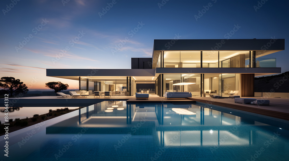 Fototapeta premium Modern Luxury House with Pool and Evening Lighting