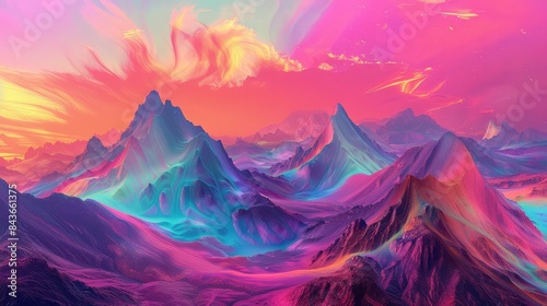 Psychedelic mountain range with vibrant skies, trippy, bold colors, 3D rendering, surreal atmosphere