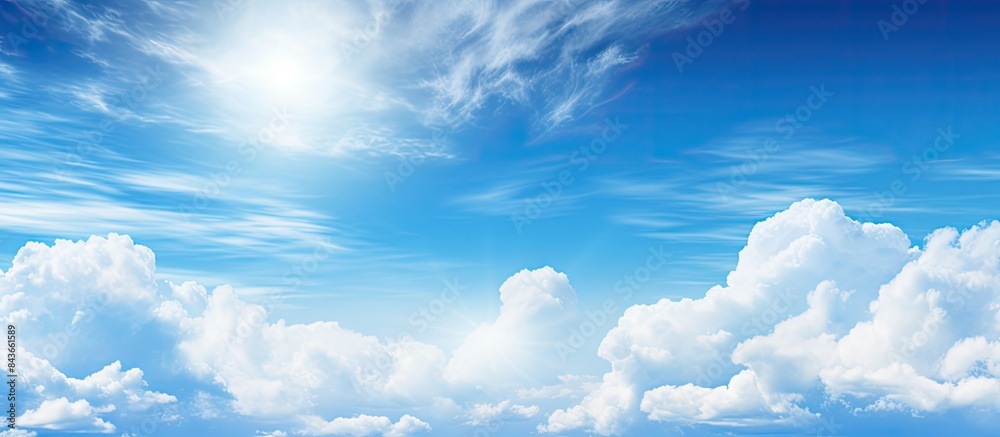 Blue sky with white clouds and sunlight reflection in sunny day Sky background. copy space available