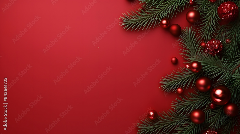 Festive Red Background with Christmas Ornaments and Pine Branches Festive Red Background with Christmas Ornaments and Pine Branches