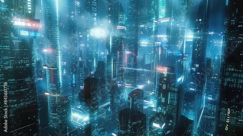 Futuristic cityscape with flying holographic ads, sci-fi, neon lights, high detail, dynamic animation,