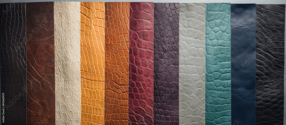 Different colors natural leather textures samples on grey brick background With copy space Different colors natural leather textures samples on grey brick background With copy space