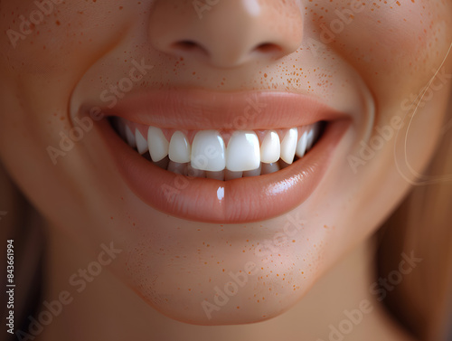 Primer plano de mandíbula con dientes y labios perfectos de dentista photo