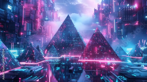 Floating 3D pyramids with glowing edges, cyberpunk, neon lights, high contrast, photo