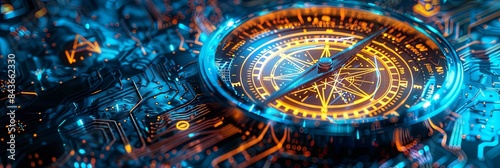 Wallpaper Mural Navigating the Future: A Futuristic Compass with Digital Rings Aglow in Blue and Orange, Set Against a Circuitry and Data Stream Backdrop Torontodigital.ca