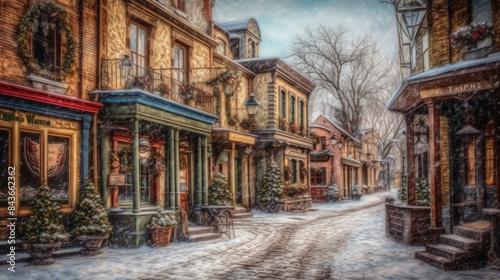  Victorian street in the winter decorated for Christmas watercolor