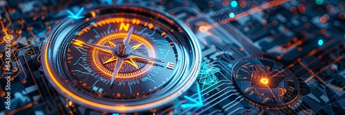 Wallpaper Mural Navigating the Future: A Futuristic Compass with Digital Rings Aglow in Blue and Orange, Set Against a Circuitry and Data Stream Backdrop Torontodigital.ca
