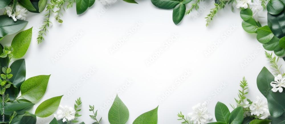 Beauty and cosmetic background and backdrop with green leaves on white copy space top view frame Beauty and cosmetic background and backdrop with green leaves on white copy space top view frame