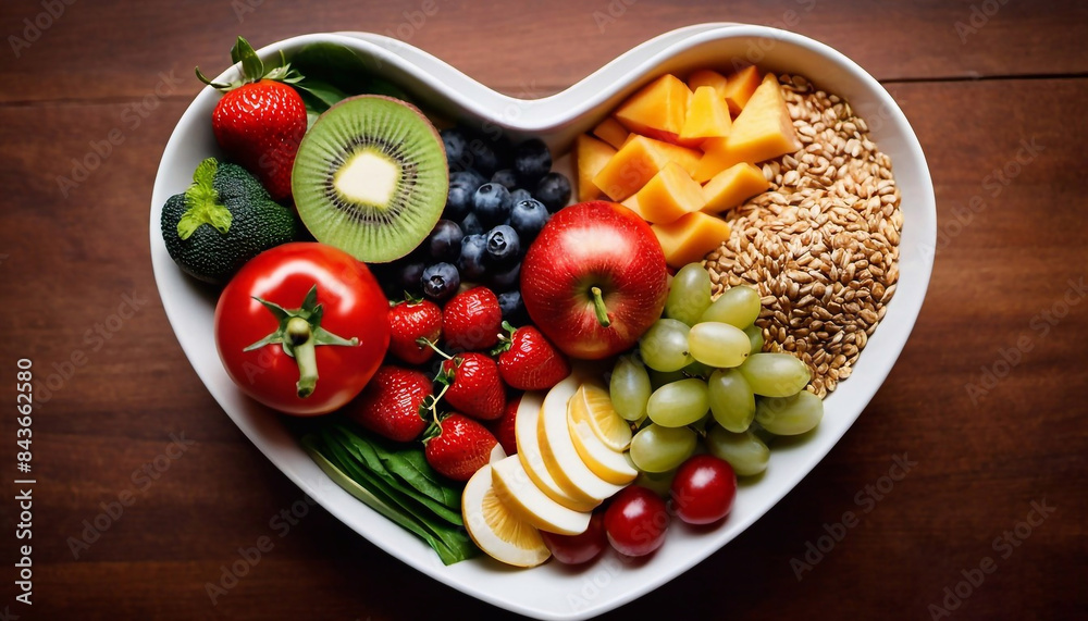 A vibrant photo showcasing a heartshaped bowl filled with nutritious diet foods, including fresh fruits, vegetables, and whole grains, promoting heart health and cardiovascular wellness A vibrant photo showcasing a heartshaped bowl filled with nutritious diet foods, including fresh fruits, vegetables, and whole grains, promoting heart health and cardiovascular wellness