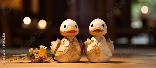 Wood carvings of Korean wedding ducks. copy space available photo