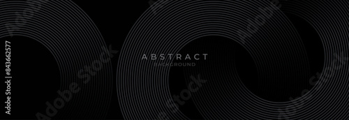 Black abstract background with circle lines. Modern black gray gradient rings. Suitable for banner, cover, poster, website, presentation, brochure, flyer, header