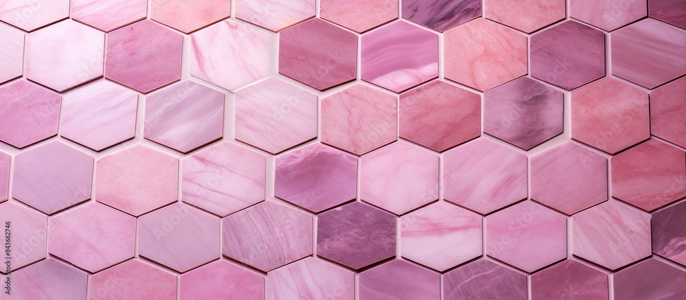Fototapeta premium Hexagon pink marble tiles patterned background. copy space available