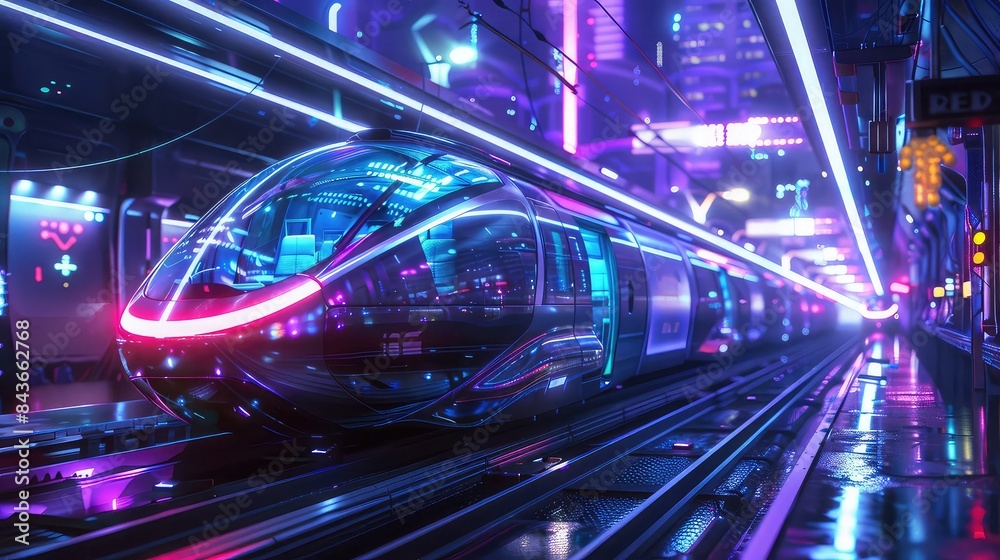Futuristic public transport system with electric vehicles, sci-fi, neon accents, high tech,