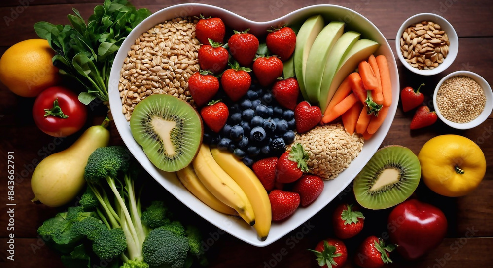 A vibrant photo showcasing a heartshaped bowl filled with nutritious diet foods, including fresh fruits, vegetables, and whole grains, promoting heart health and cardiovascular wellness A vibrant photo showcasing a heartshaped bowl filled with nutritious diet foods, including fresh fruits, vegetables, and whole grains, promoting heart health and cardiovascular wellness