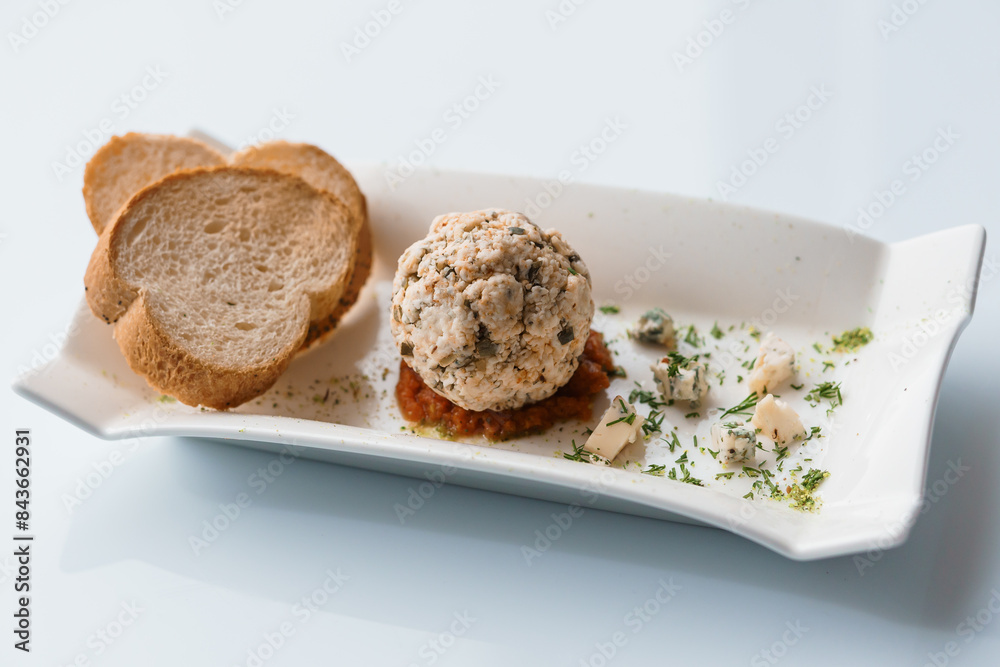 Cheese balls with herbs on a black board on a white background Cheese balls with herbs on a black board on a white background